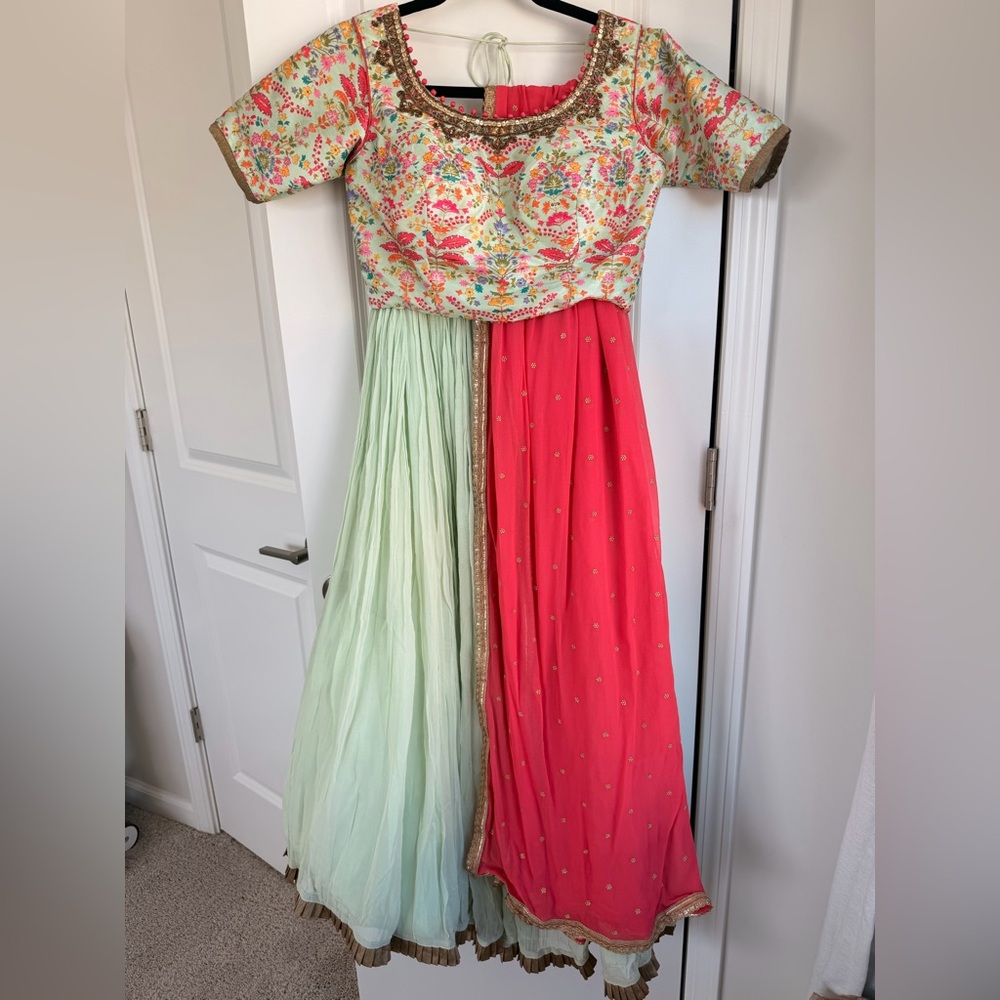 Floral Embroidered - Mint & Coral Lengha Set